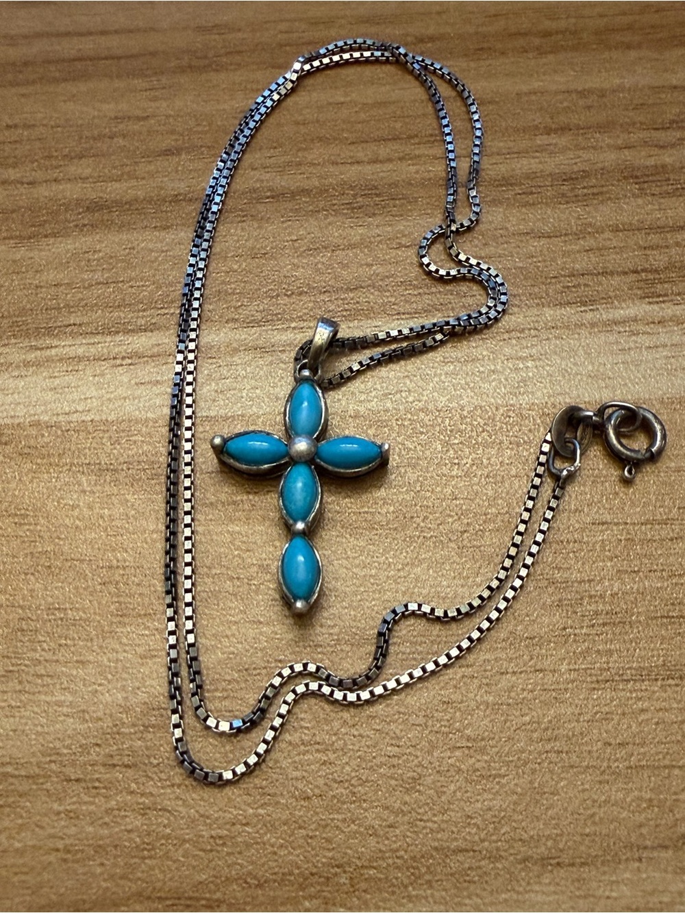 Sterling Silver Turquoise Cross Pendant on a box chain Necklace